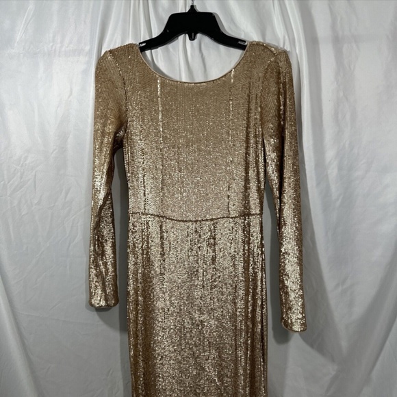 NEW $650 Donna Karan New York [ 4 ] Long Sleeve Stacked Sequin Gown‎ Gold - Picture 8 of 12